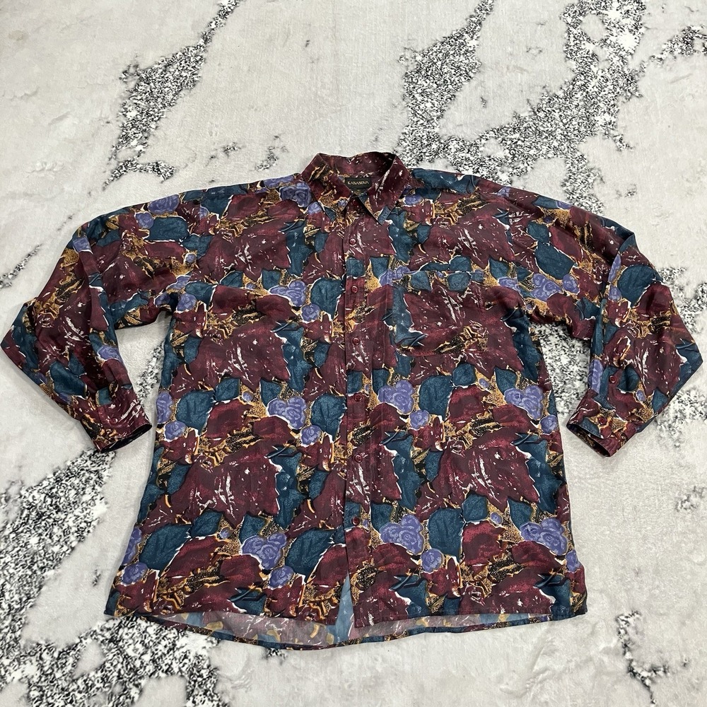 Vintage Kasanova 100% Silk Button Front Shirt Womens Large Abstract Multicolor